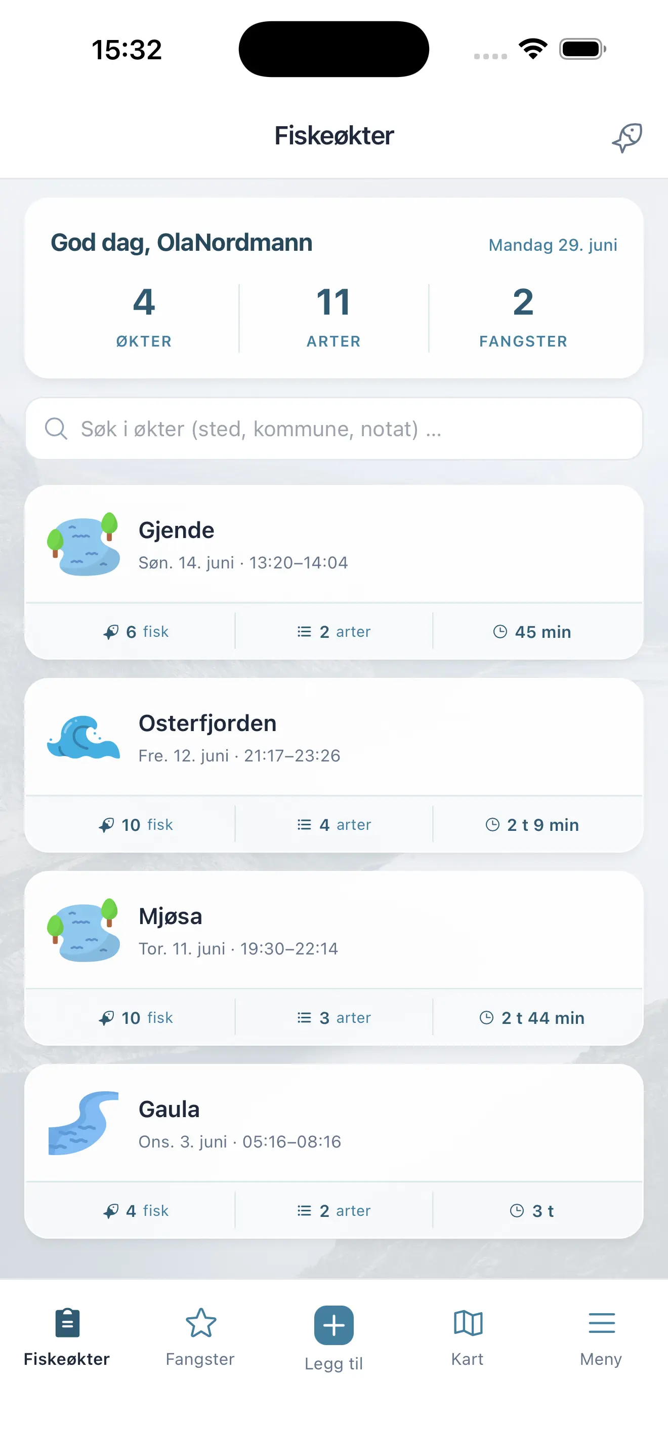Skärmbild av passöversikten i MinFangst