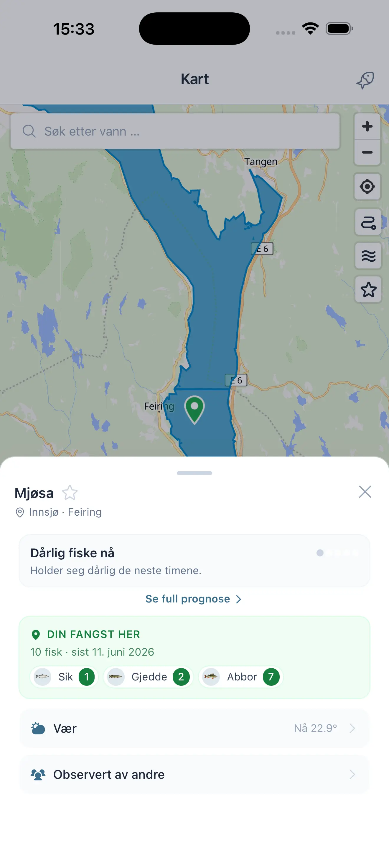 Skärmbild av ett valt fiskevatten med egna fångster i MinFangst